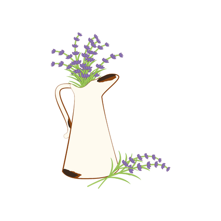 Rusty jug with lavender on the white background. Vector illustrationのイラスト素材