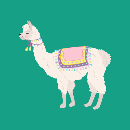 Llama alpaka illustration on the green background. Vector illustrationのイラスト素材