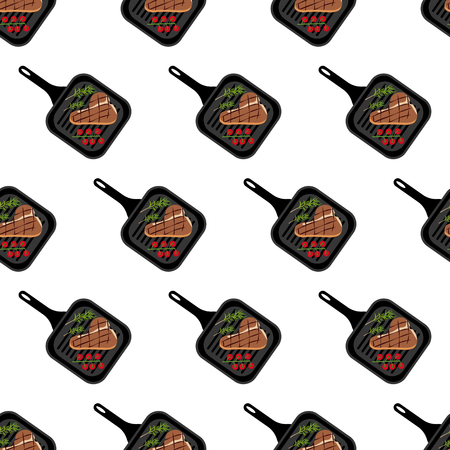 Steak on grill pan seamless pattern on the white background, Vector illustrationのイラスト素材