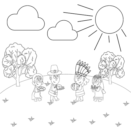 Thanksgiving day coloring page on the white background. Vector illustrationのイラスト素材