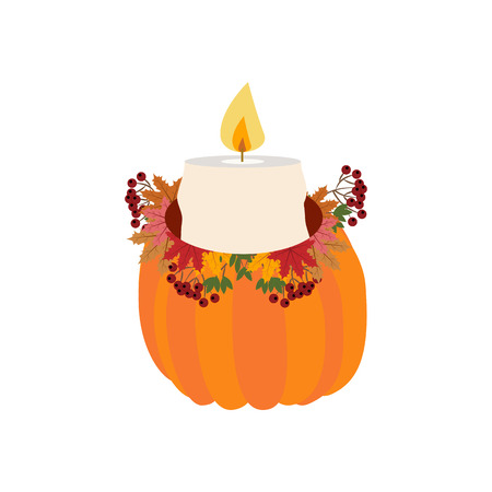Candle in pumpkin illustration on the white background. Vector illustrationのイラスト素材