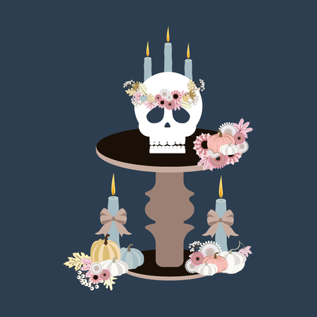 Halloween skull illustration on the blue background. Vector illustrationのイラスト素材
