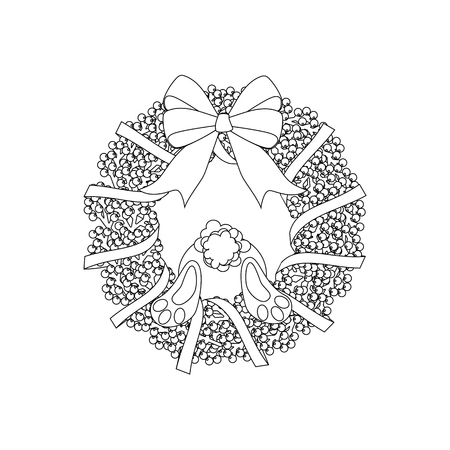 Easter wreath and rabbit outline on the white background. Vector illustrationのイラスト素材