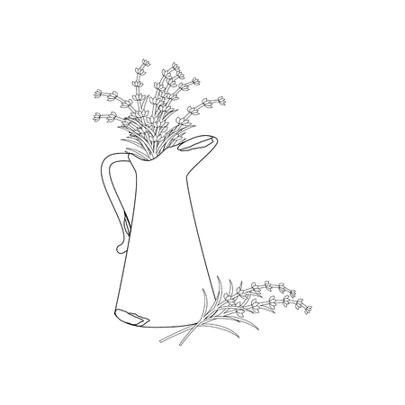 Rusty jug with lavender outline on the white background. Vector illustrationのイラスト素材