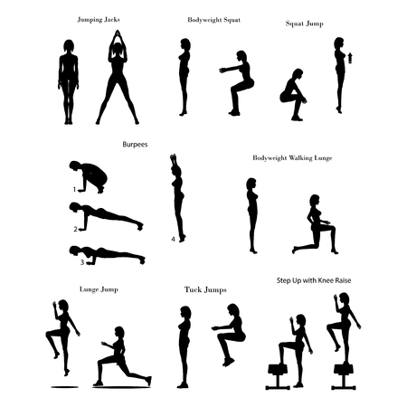 Fat burning workout exercises on the white background. Vector illustrationのイラスト素材