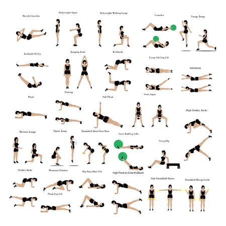 Fat burning workout exercises on the white background. Vector illustrationのイラスト素材