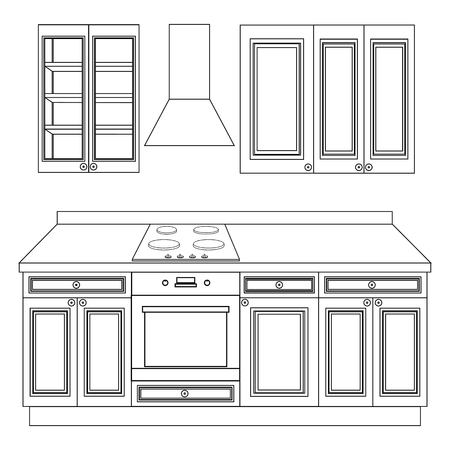 Kitchen set furniture outline on the white background. Vector illustrationのイラスト素材