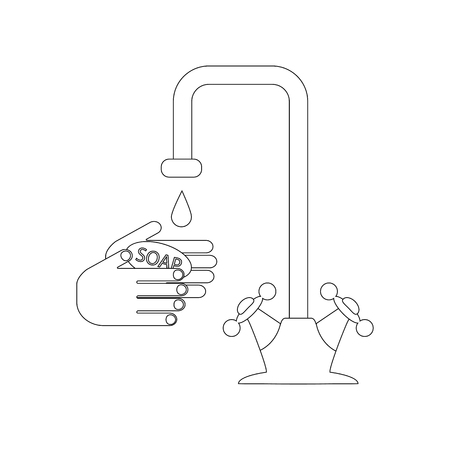 Water tap and hands with soap illustration outline on the white background. Vector illustrationのイラスト素材