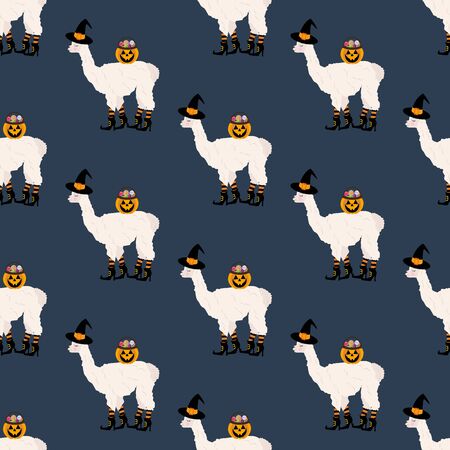 Halloween llama witch seamless pattern on the blue background. Vector illustrationのイラスト素材