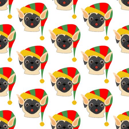Pug in Elf costume seamless pattern on the white background. Vector illustrationのイラスト素材