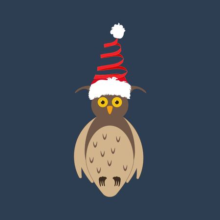 Owl in christmas costume illustration on the blue background. Vector illustrationのイラスト素材