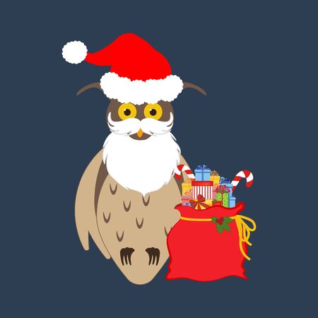 Owl in christmas costume illustration on the blue background. Vector illustrationのイラスト素材