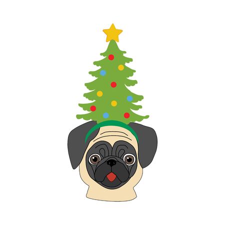 Pug in christmas tree costume illustration on the white background. Vector illustrationのイラスト素材