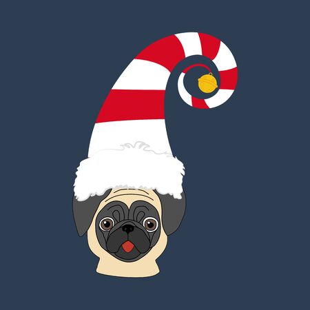 Pug in christmas hat on the blue background. Vector illustrationのイラスト素材