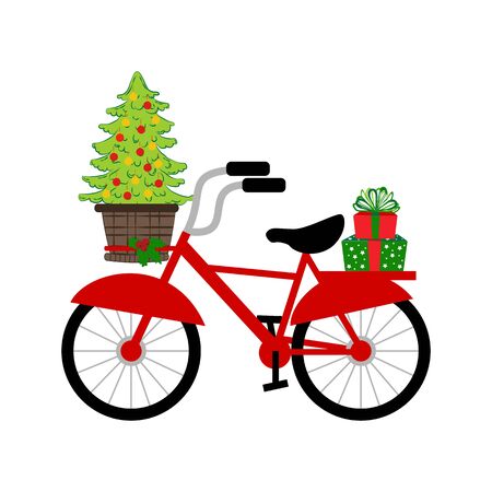 Bicycle with christmas tree on the white background. Vector illustrationのイラスト素材