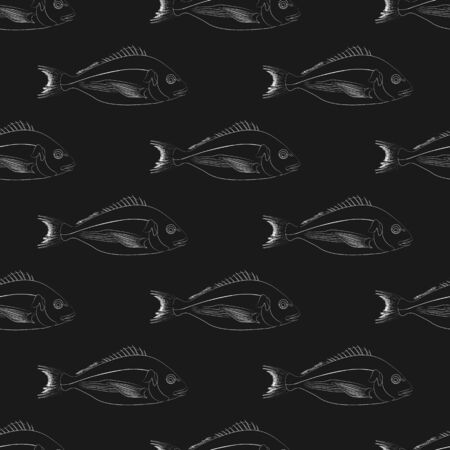 Dorado fish illustration outline seamless pattern on the black background. Vector illustrationのイラスト素材