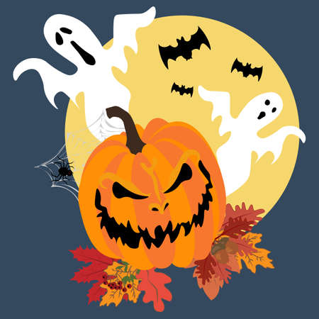 Halloween pumpkin illustration on the blue background. Vector illustrationのイラスト素材