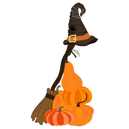Witch costume broom with hat on the white background. Vector illustrationのイラスト素材