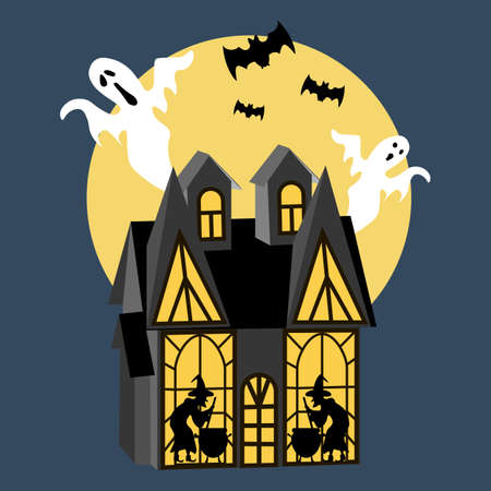 Halloween spooky witch house with ghosts illustrationのイラスト素材