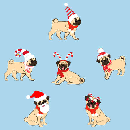 Pugs in christmas costume vector illustration on the blue backgroundのイラスト素材