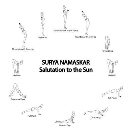 Surya Namaskar Yoga Salutatuon to the sun outline on the white background. Vector illustrationのイラスト素材