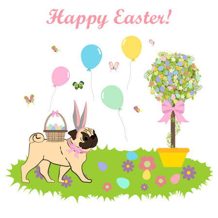 Easter pug hunting eggs vector illustration on the white background. Vector illustrationのイラスト素材