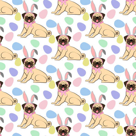 Easter Pug wearing bunny ears seamless patternのイラスト素材