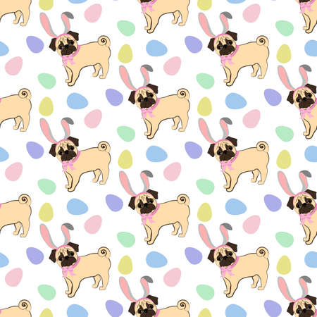 Easter Pug wearing bunny ears seamless patternのイラスト素材