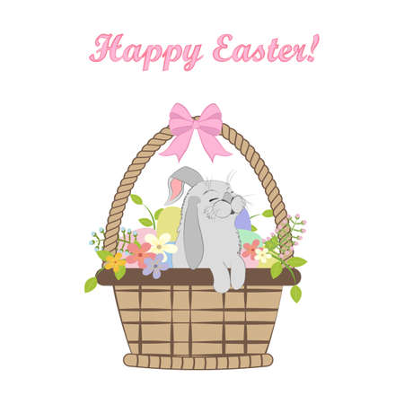 Rabbit in easter basket with eggs vector illustrationのイラスト素材