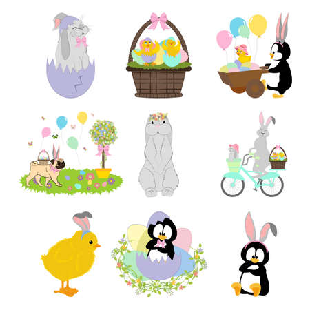 Easter animals set. Chick, rabbit, pug, penguin vector illustration on the white background.のイラスト素材