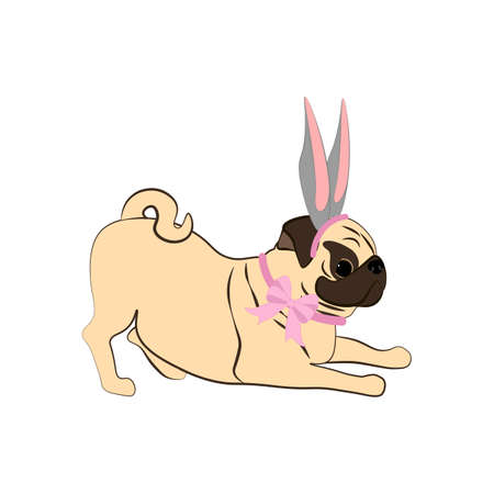 Easter Pug wearing bunny ears vector illustration on the white background. Vector illustrationのイラスト素材