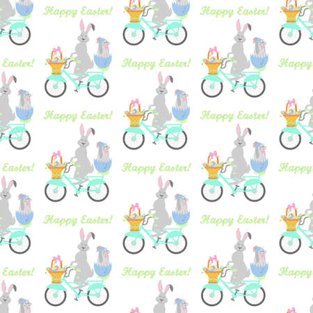 Rabbit on bicycle seamless pattern on the white background.の写真素材