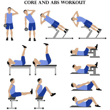 Workout man set. Core and abs workout illustrationのイラスト素材