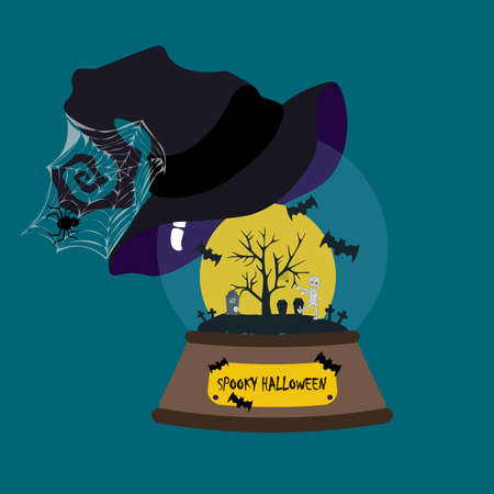 Halloween illustration in snowglobe with witch hat on the blue backgroundのイラスト素材