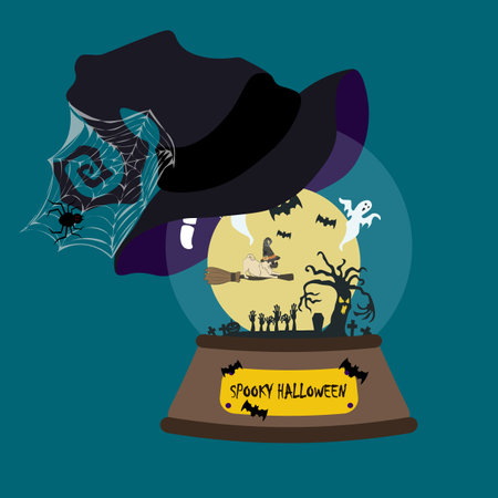 Halloween illustration in snowglobe with witch hat on the blue backgroundのイラスト素材