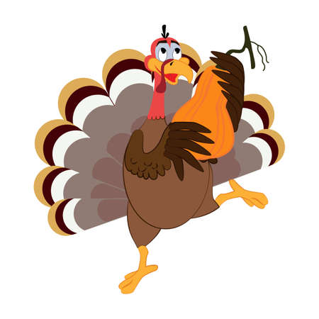 Funny Thanksgiving Turkey bird cartoon character with pumpkin vector illustrationのイラスト素材