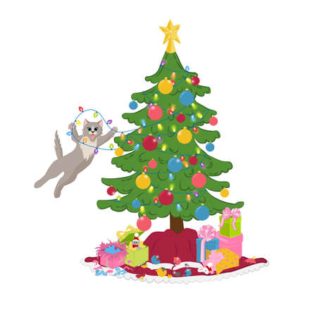 The cat hangs on the Christmas tree lights. Cat playing with christmas tree ornament. The cat broke the christmas ornaments. Vector illustrationのイラスト素材