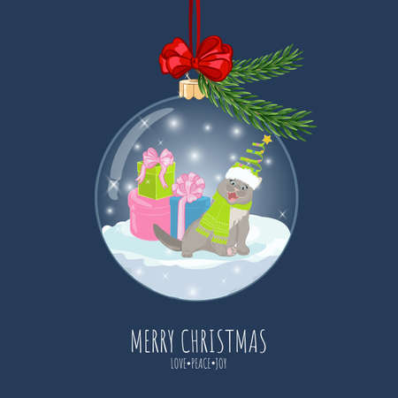 Christmas tree glass ball ornament with cat. Merry Christmas and Happy New Year greeting card.のイラスト素材