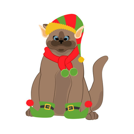 Cat in elf christmas hat with scarf. Merry Christmas and Happy New Year greeting card.のイラスト素材