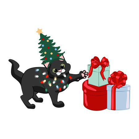 Cute cat with holiday hat and light bulb. Merry Christmas and Happy New Year greeting card.のイラスト素材