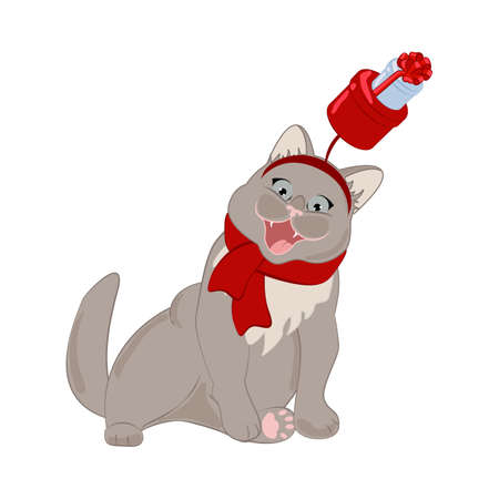 Cat in christmas holiday hat and scarf. Merry Christmas and Happy New Year greeting card.のイラスト素材