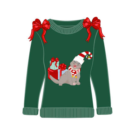 Ugly Christmas party sweater with funny cat print.のイラスト素材