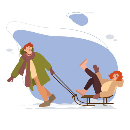 People sliding on sleds on winter holidays. Winter leisure activity. Outdoor winter fun. flat vector illustrationのイラスト素材