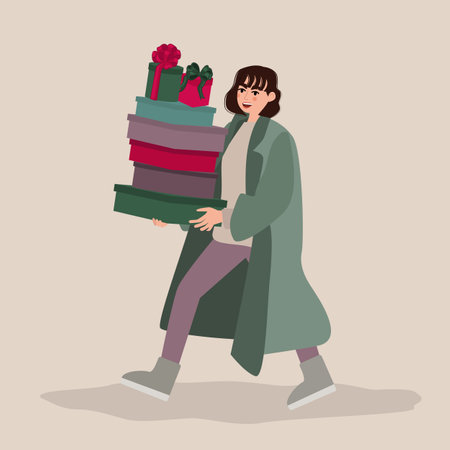 Happy woman with Christmas gifts. Woman holding and carrying wrapped New Year present boxes. Giftboxes for winter holidays. flat vector illustrationのイラスト素材