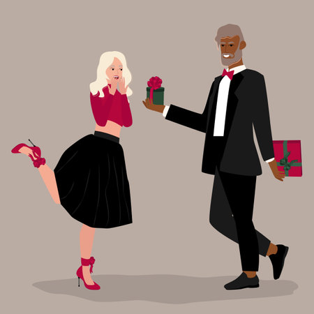 Couple presenting gifts to each other for holiday. Happy man and woman exchanging surprises in boxes vector illustrationのイラスト素材