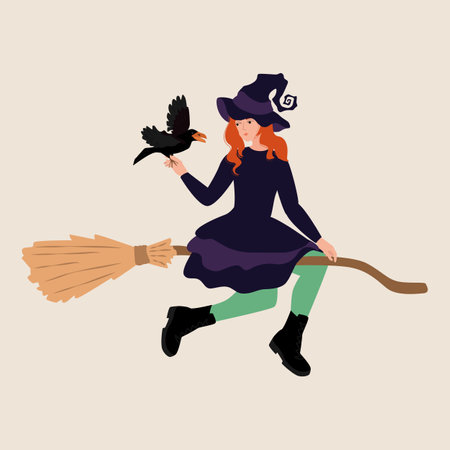 Young woman in witch Halloween costume. Witch flying on the broom in costume and cape. cartoon vector illustrationのイラスト素材