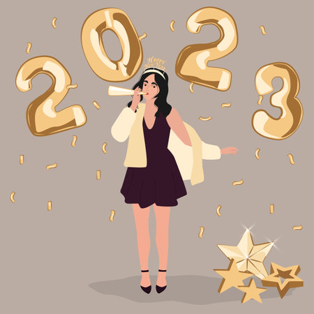 Happy woman celebrate New Year 2023. Young Women at Fun Party with Balloon Numbers and Fireworks. flat vector illustrationのイラスト素材
