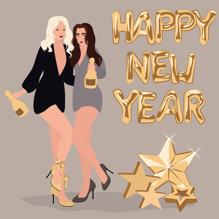 Happy People Celebrate New Year 2023. Young Men and Women doing a Fun Party with Balloon Numbers and Fireworks. flat vector illustrationのイラスト素材