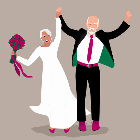 Older people getting married, isolated senior man and woman in suit and dress. Older people celebrating love, wedding ceremony. vector illustrationのイラスト素材