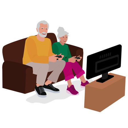 Olderl couple is playing video games. An elderly character leads a modern lifestyle. Vector illustration in a flat style.のイラスト素材